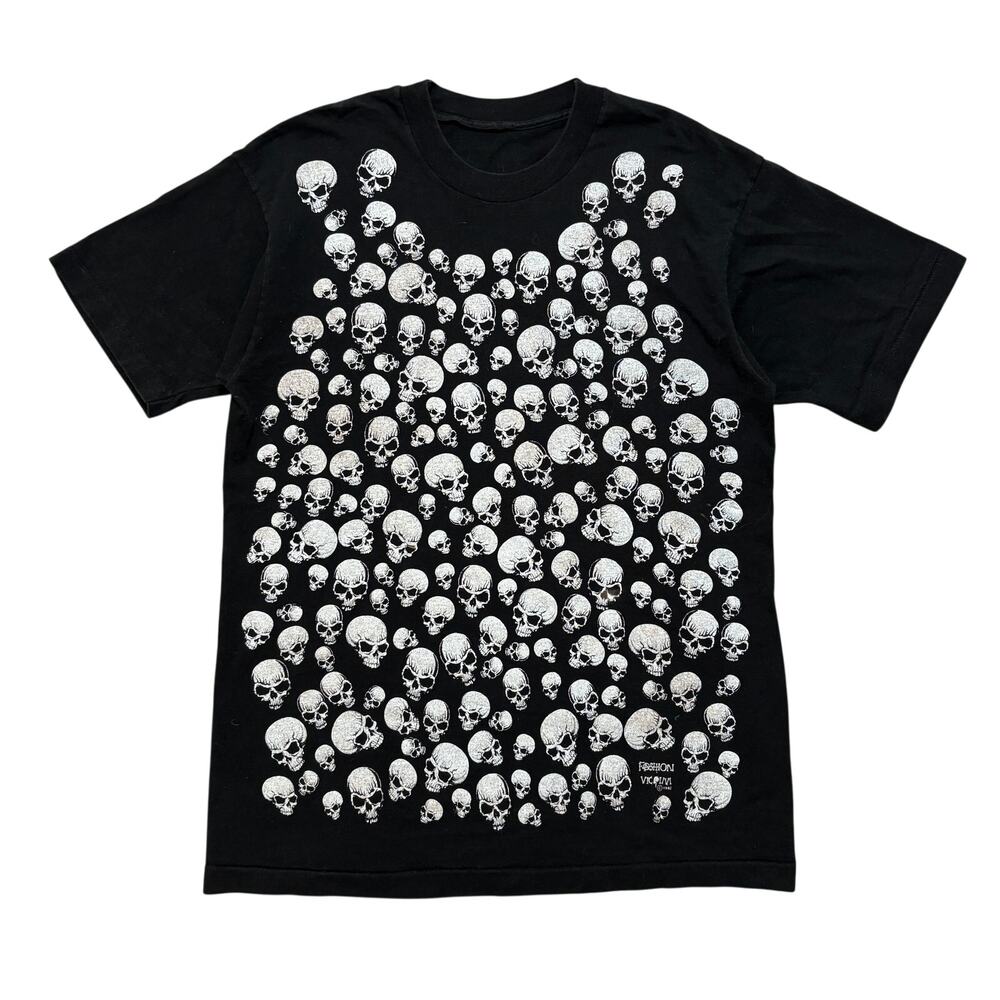 VTG 90's Fashion Victim Skull AOP Y2K Grunge Punk Meta T-Shirt Black Men's L